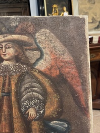 School van Cusco, Peru: Een engel met een haakbus en een engel met een fluit, olie op doek, 18de eeuw