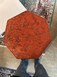 A Chinese five-piece red lacquer throne ensemble with dragons in imperial Qianlong style, 20th C.