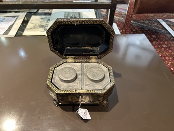 A Chinese Canton lacquer tea box with two pewter tea caddies, 19th C.