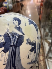 Five Chinese blue and white jars and vases with floral design and figures in a landscape, 19th/20th C.