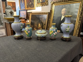 Nine Chinese cloisonn&eacute; vases and a covered bowl, 20th C.