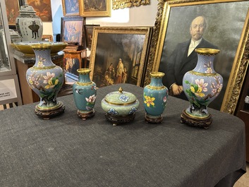 Nine Chinese cloisonn&eacute; vases and a covered bowl, 20th C.