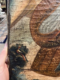 School van Cusco, Peru: Een engel met een haakbus en een engel met een fluit, olie op doek, 18de eeuw