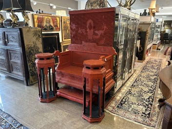 A Chinese five-piece red lacquer throne ensemble with dragons in imperial Qianlong style, 20th C.