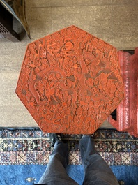 A Chinese five-piece red lacquer throne ensemble with dragons in imperial Qianlong style, 20th C.