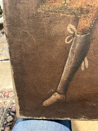 School van Cusco, Peru: Een engel met een haakbus en een engel met een fluit, olie op doek, 18de eeuw