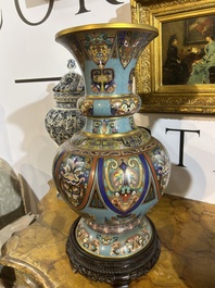 A pair of Chinese cloisonn&eacute; 'taotie masks' vases, 20th C.