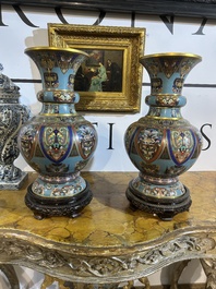 A pair of Chinese cloisonn&eacute; 'taotie masks' vases, 20th C.