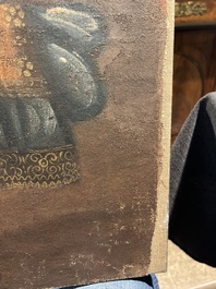 School van Cusco, Peru: Een engel met een haakbus en een engel met een fluit, olie op doek, 18de eeuw