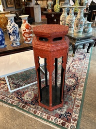 A Chinese five-piece red lacquer throne ensemble with dragons in imperial Qianlong style, 20th C.