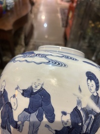 Five Chinese blue and white jars and vases with floral design and figures in a landscape, 19th/20th C.