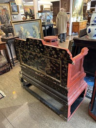A Chinese five-piece red lacquer throne ensemble with dragons in imperial Qianlong style, 20th C.
