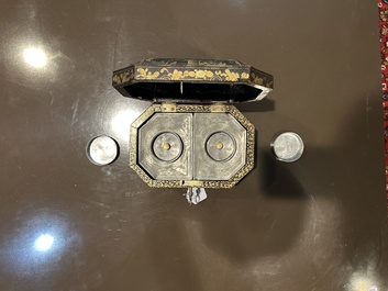 A Chinese Canton lacquer tea box with two pewter tea caddies, 19th C.