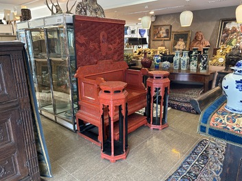 A Chinese five-piece red lacquer throne ensemble with dragons in imperial Qianlong style, 20th C.
