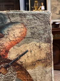 School van Cusco, Peru: Een engel met een haakbus en een engel met een fluit, olie op doek, 18de eeuw