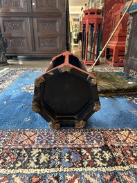 A Chinese five-piece red lacquer throne ensemble with dragons in imperial Qianlong style, 20th C.