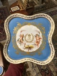 A French blue ground S&egrave;vres style t&ecirc;te-&agrave;-t&ecirc;te two-persons tea service, 19th C.