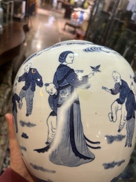 Five Chinese blue and white jars and vases with floral design and figures in a landscape, 19th/20th C.