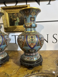 A pair of Chinese cloisonn&eacute; 'taotie masks' vases, 20th C.