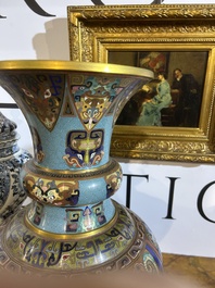 A pair of Chinese cloisonn&eacute; 'taotie masks' vases, 20th C.