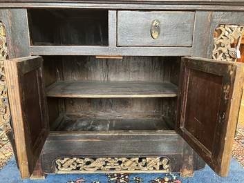 A Chinese wooden altar cabinet ('jia tang gui') with openworked ends, Guangdong/Fujian, late Qing/Republic
