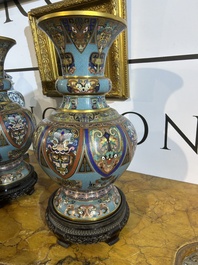 A pair of Chinese cloisonn&eacute; 'taotie masks' vases, 20th C.