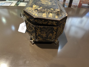 A Chinese Canton lacquer tea box with two pewter tea caddies, 19th C.