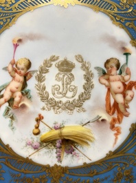 A French blue ground S&egrave;vres style t&ecirc;te-&agrave;-t&ecirc;te two-persons tea service, 19th C.