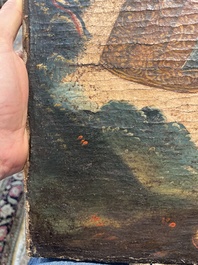 School van Cusco, Peru: Een engel met een haakbus en een engel met een fluit, olie op doek, 18de eeuw