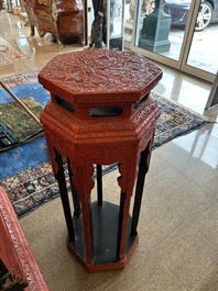 A Chinese five-piece red lacquer throne ensemble with dragons in imperial Qianlong style, 20th C.