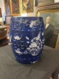 A Chinese white-slip-decorated blue-ground garden seat and two jardini&egrave;res, 19th C.