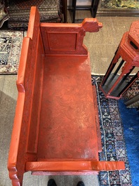 A Chinese five-piece red lacquer throne ensemble with dragons in imperial Qianlong style, 20th C.
