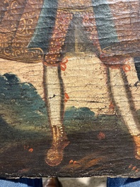 School van Cusco, Peru: Een engel met een haakbus en een engel met een fluit, olie op doek, 18de eeuw