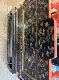 A Chinese five-piece red lacquer throne ensemble with dragons in imperial Qianlong style, 20th C.