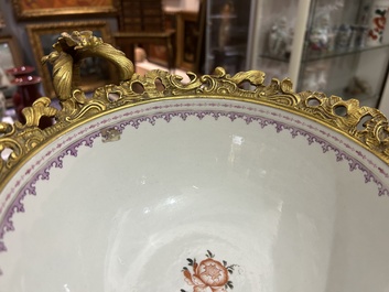 A Chinese gilt bronze mounted famille rose 'Mandarin' bowl, Qianlong