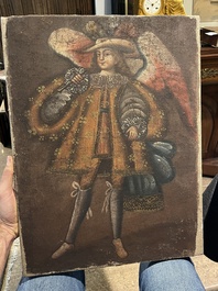 School van Cusco, Peru: Een engel met een haakbus en een engel met een fluit, olie op doek, 18de eeuw