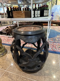 A reticulated Chinese wooden stand with marble top and a French gilt brass and champlev&eacute; 'elephant' lamp, 20th C.