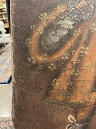 School van Cusco, Peru: Een engel met een haakbus en een engel met een fluit, olie op doek, 18de eeuw