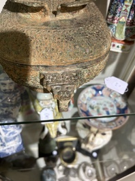 Two Chinese ritual bronze 'ding' and 'gui' food containers, possibly Warring States Period