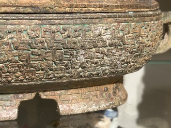 Two Chinese ritual bronze 'ding' and 'gui' food containers, possibly Warring States Period