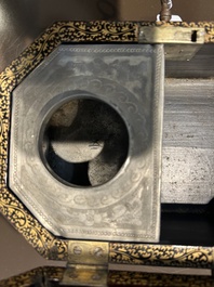 A Chinese Canton lacquer tea box with two pewter tea caddies, 19th C.