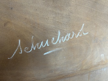 Een uitzonderlijk groot paar Chinese met zijde geborduurde panelen met onsterfelijken op rode fondkleur, 19de eeuw