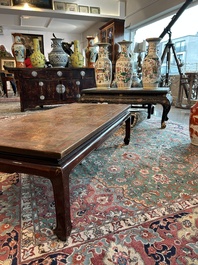 A Chinese low table with partly polychromed wooden top with engraved dragon and phoenix design, Qing and 20th C.