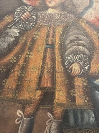 School van Cusco, Peru: Een engel met een haakbus en een engel met een fluit, olie op doek, 18de eeuw