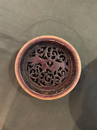A Chinese blue and white jar with reticulated wooden cover, Kangxi