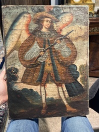 School van Cusco, Peru: Een engel met een haakbus en een engel met een fluit, olie op doek, 18de eeuw