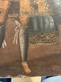 School van Cusco, Peru: Een engel met een haakbus en een engel met een fluit, olie op doek, 18de eeuw