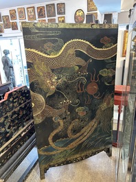 A Chinese five-piece red lacquer throne ensemble with dragons in imperial Qianlong style, 20th C.