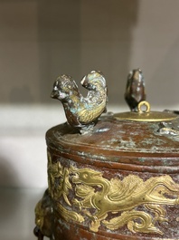 A Chinese parcel-gilt copper tripod 'zun' archaic vessel, probably 17th/18th C.