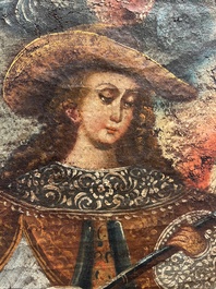 School van Cusco, Peru: Een engel met een haakbus en een engel met een fluit, olie op doek, 18de eeuw